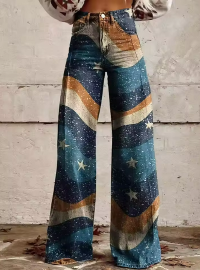 Boho Vintage Trousers with Star and Stripe Pattern