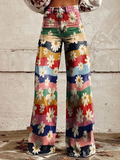 Vintage Boho Trousers with Floral Print and Rainbow Stripes