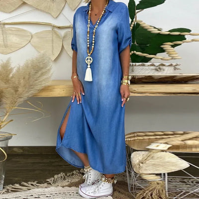 Amelia | Denim-look dress with side slit