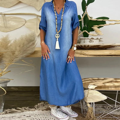 Amelia | Denim-look dress with side slit