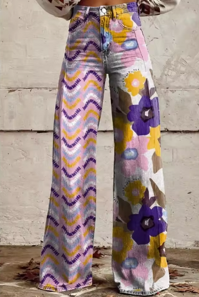 Vintage boho trousers with purple and yellow floral print