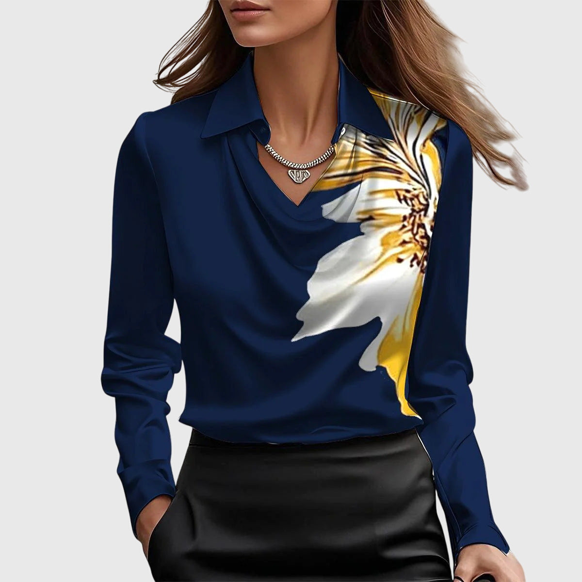 Amelia | Blouse with Luxurious Shine and Pleated Neckline