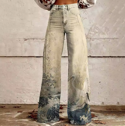 Vintage Boho Trousers with Waves and Birds in Beige