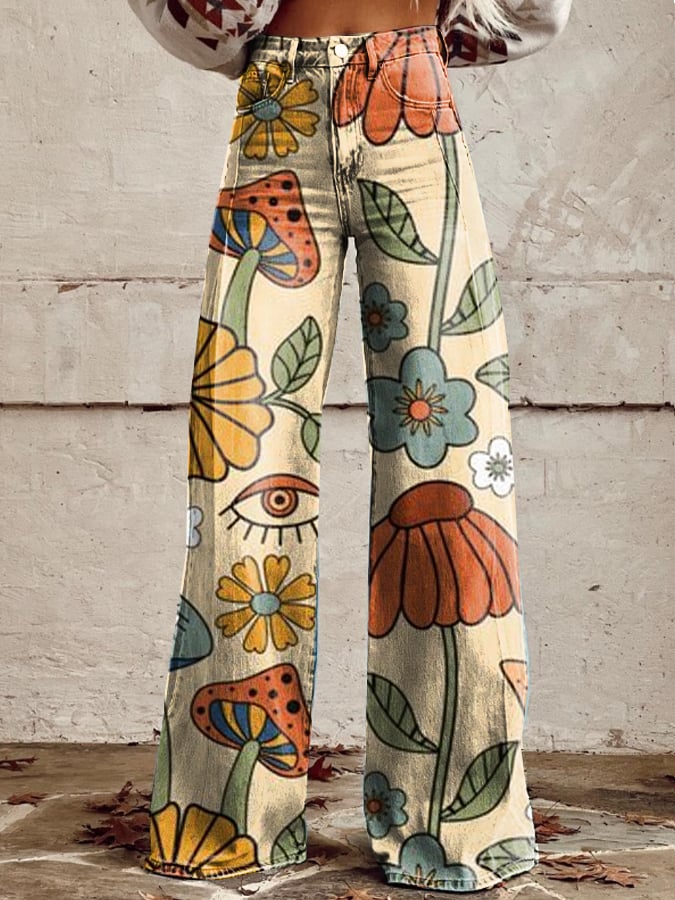 Vintage Boho Trousers with Mushroom Pattern