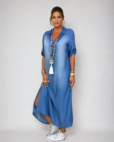 Amelia | Denim-look dress with side slit