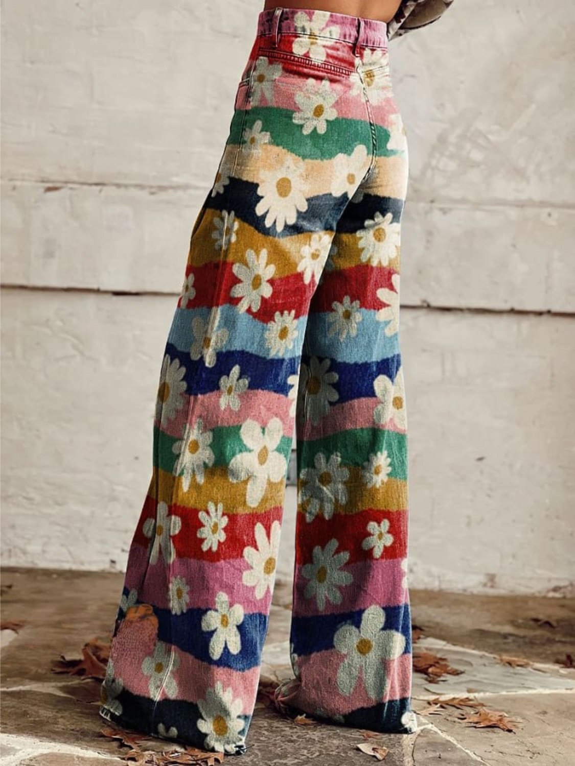 Vintage Boho Trousers with Floral Print and Rainbow Stripes