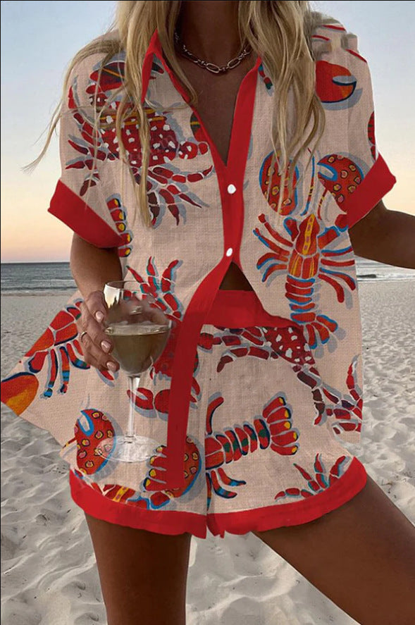 Amelia | Short Set in Linen with Lobster Print