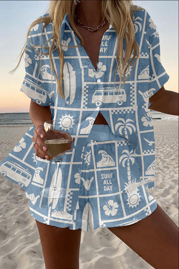 Amelia | Short Set in Linen with Caravan Print