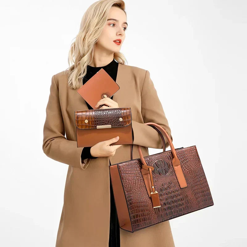 Elegant Crocodile Pattern Handbag Set, Purse and Clutch