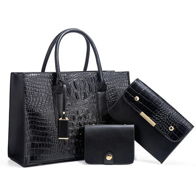 Elegant Crocodile Pattern Handbag Set, Purse and Clutch