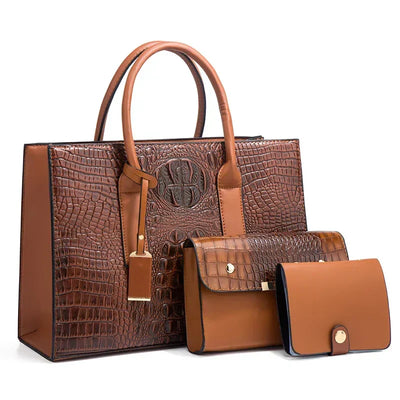 Elegant Crocodile Pattern Handbag Set, Purse and Clutch