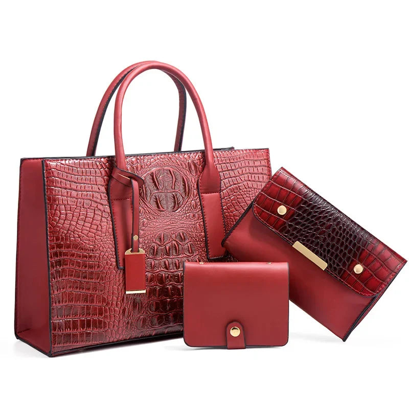 Elegant Crocodile Pattern Handbag Set, Purse and Clutch
