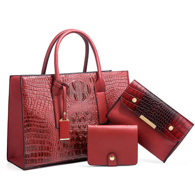 Elegant Crocodile Pattern Handbag Set, Purse and Clutch