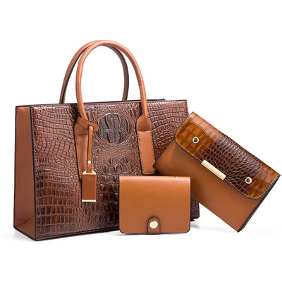 Elegant Crocodile Pattern Handbag Set, Purse and Clutch